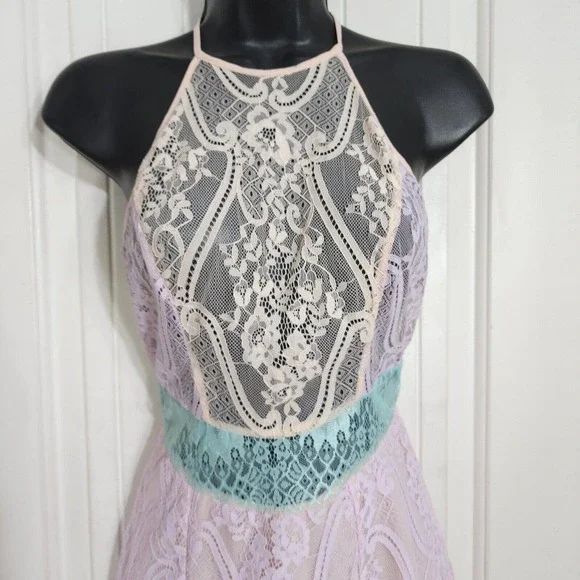House of CB Womens Dress Alvaro Pink Purple Pastel Floral Lace Halter Bodycon S - Picture 4 of 10